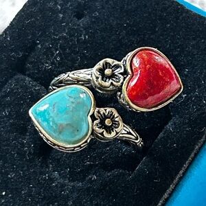 Turquoise & coral sterling silver bypass ring sz 7. J16